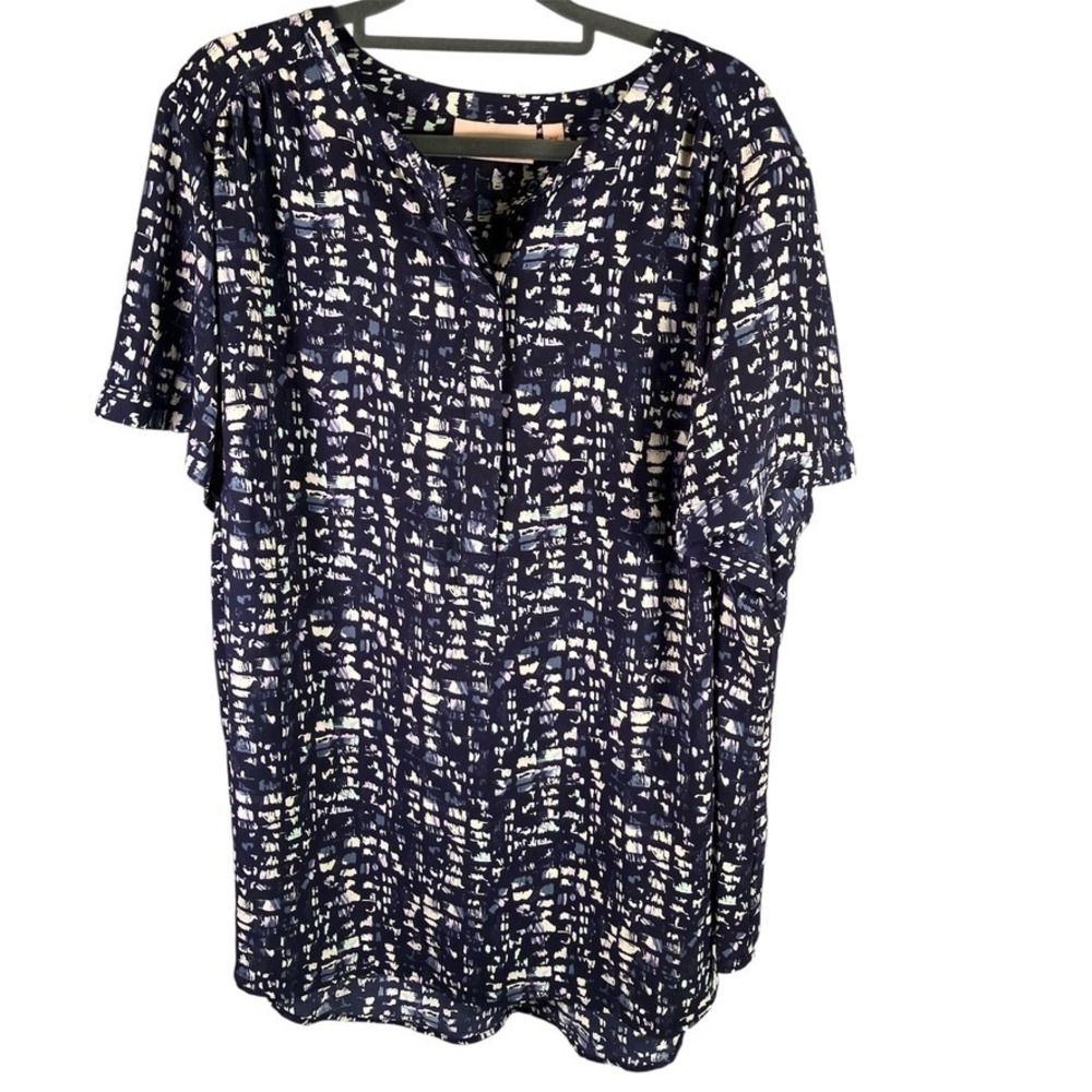 Evri Women's 2X Dress Navy Blue Abstract Print V Neck Short Sleeve Career